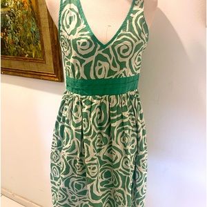 e-Klah Green & White SunDress Deep V Neckline  in Front & Back 100% Cotton Sz L